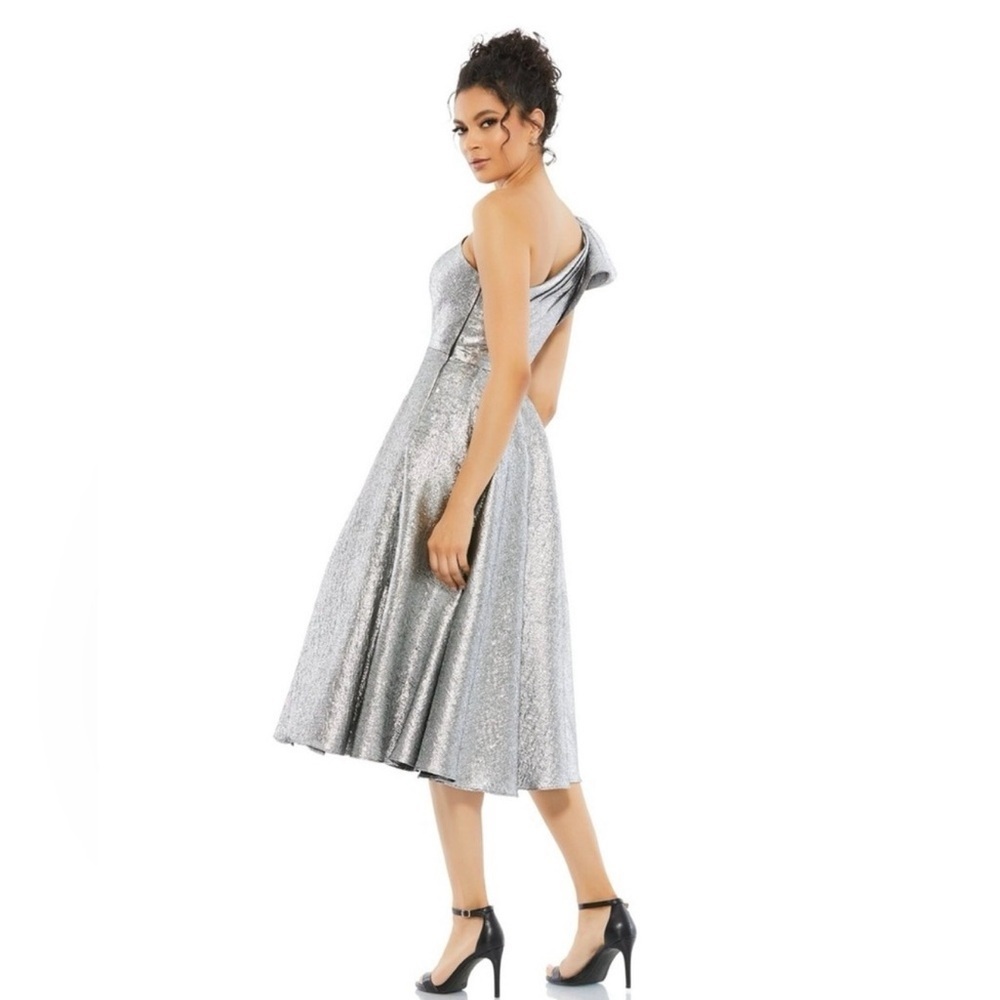 Mac Duggal Dress Silver 1 Shoulder Bow Midi Gown Ruffle Size 16 Party Prom NYE - Picture 2 of 10